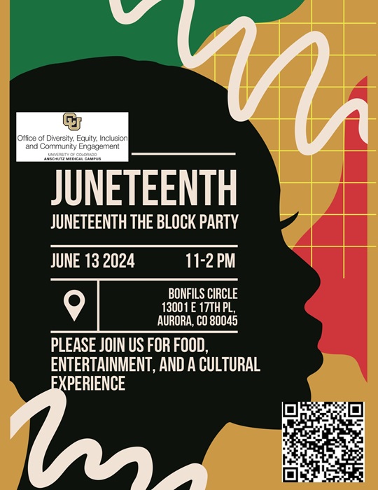 Black silhouette of a woman's face over a red, green, and gold background; text describes time and location of event and that there will be food, entertainment, and a cultural experience.