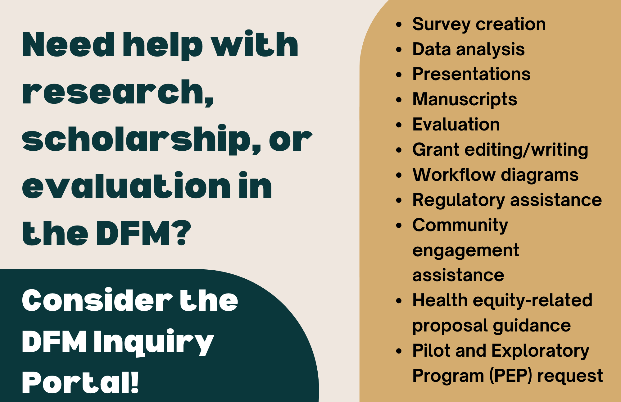 Need help with research, scholarship, or evaluation in the DFM? Consider the DFM Inquiry Portal!