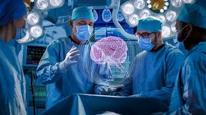 Surgeons looking at hologram of brain