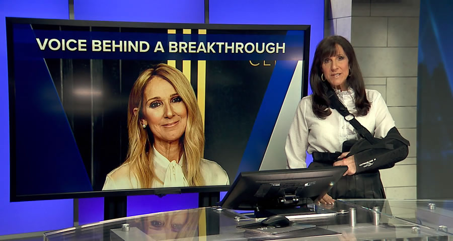 Female TV newscaster introducing a story about Celine Dion and Stiff Person Syndrome