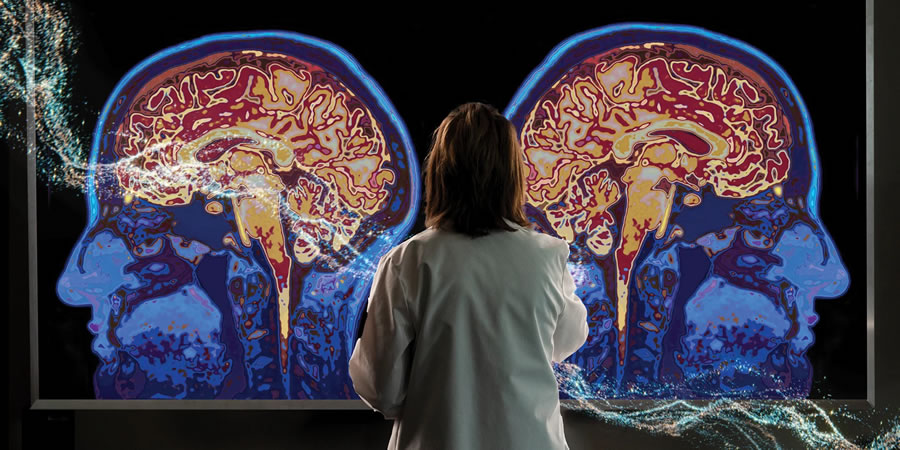 Dr. Amanda Piquet looks at brain-scan images on a large computer screen