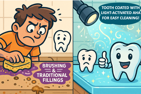 Cartoon showing the traditional way of brushing teeth verses a tooth coated with light-activated aha for easy cleaning 