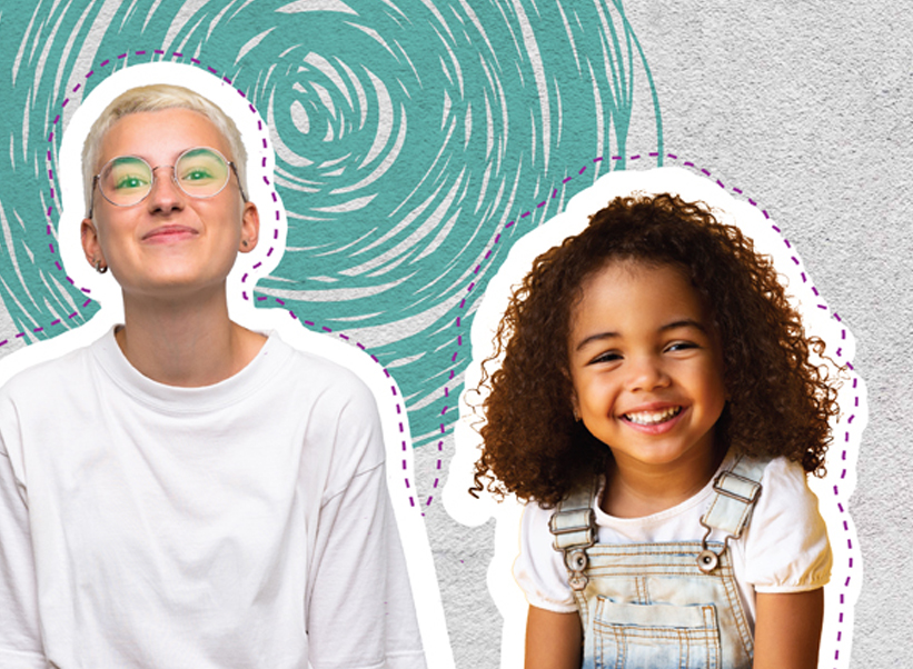 Two kids in front of a collaged background