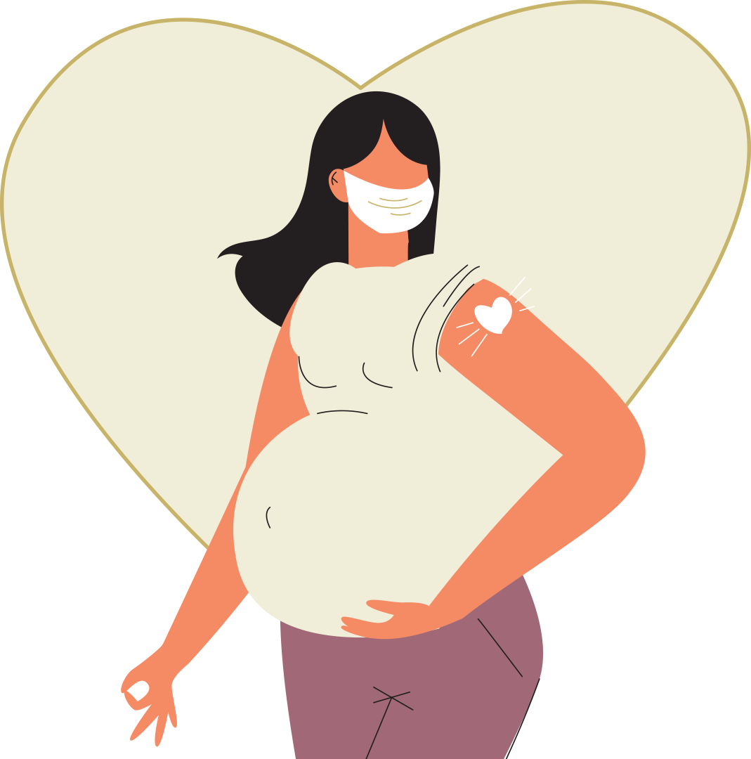 Illustration of a pregnant woman with a bandaid on her arm after getting vaccinated.