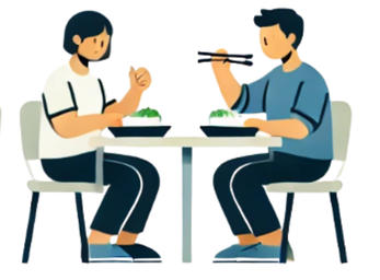 graphic illustration of two people sitting at a table eating
