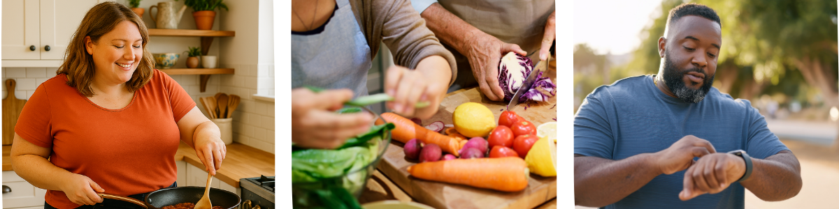 A photo collage of a woman cooking, two people cutting fresh veggies, and a man looking at his smart watch. 
