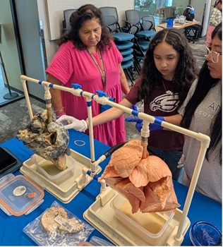 Woman in a pink shot advising a young girl in a sweatshirt
