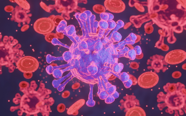 Pink and red cells with black background