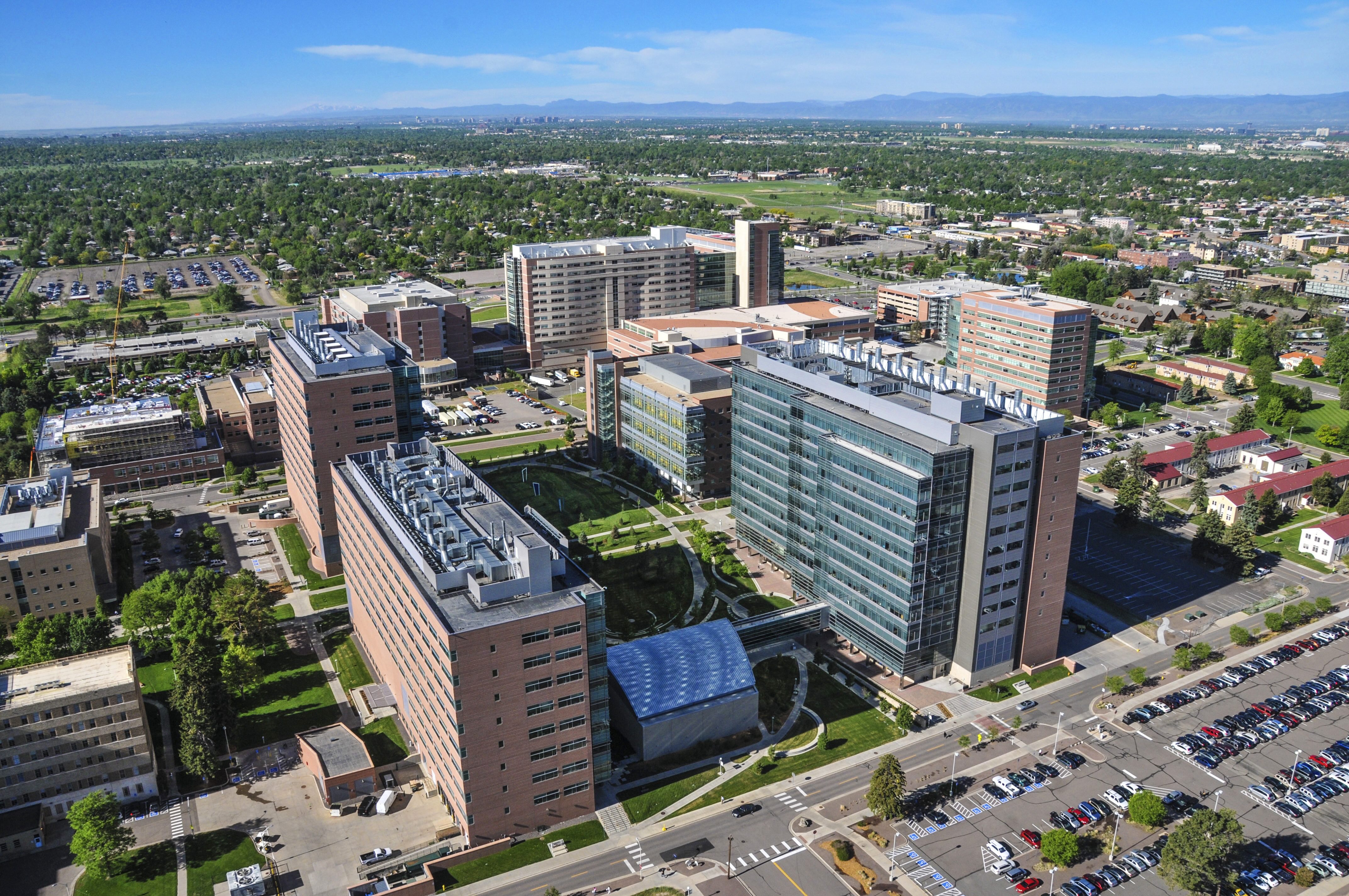 Aerial view of the CU campus research buildings on a sunny day