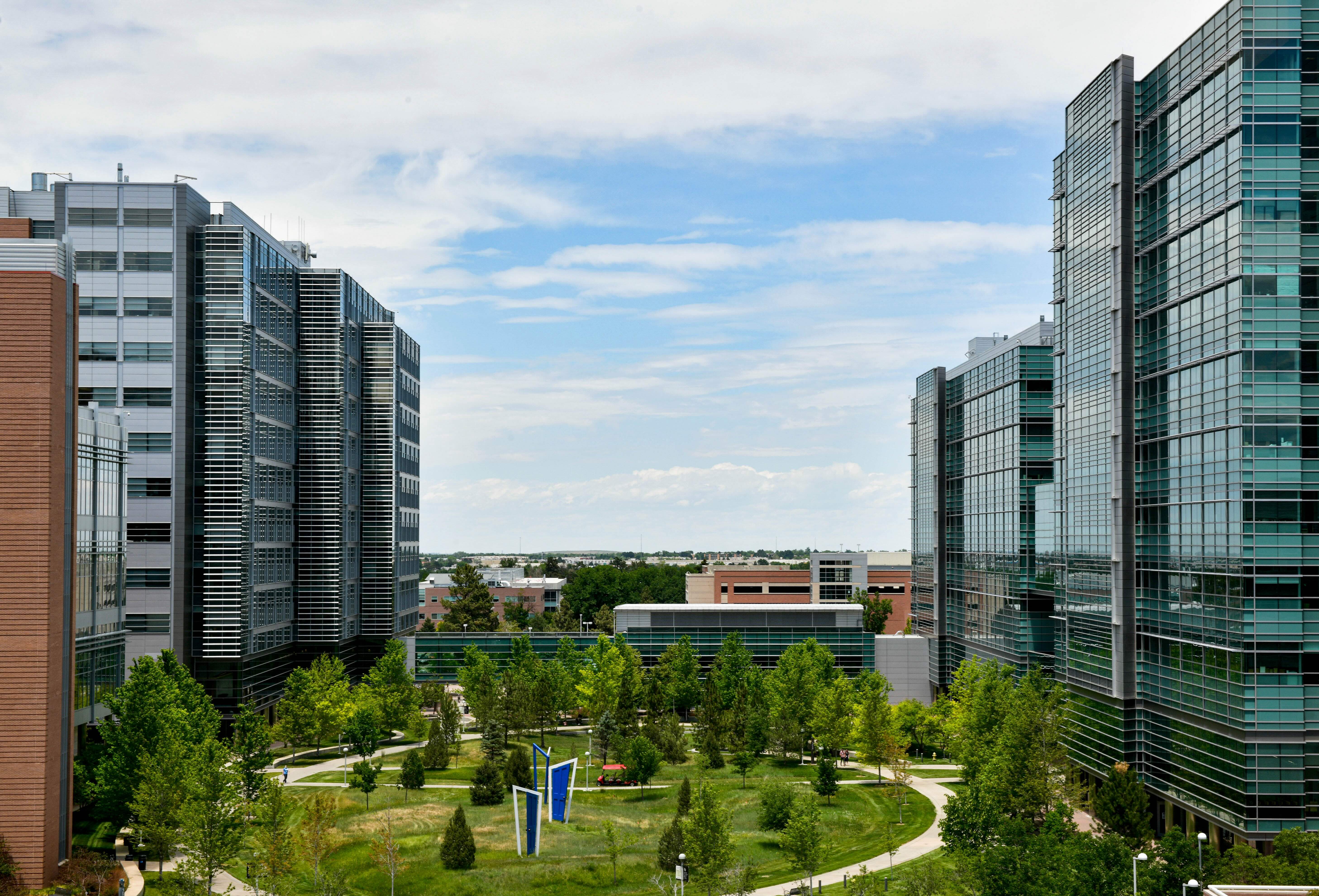 A high up view of the research corridor buildings of campus