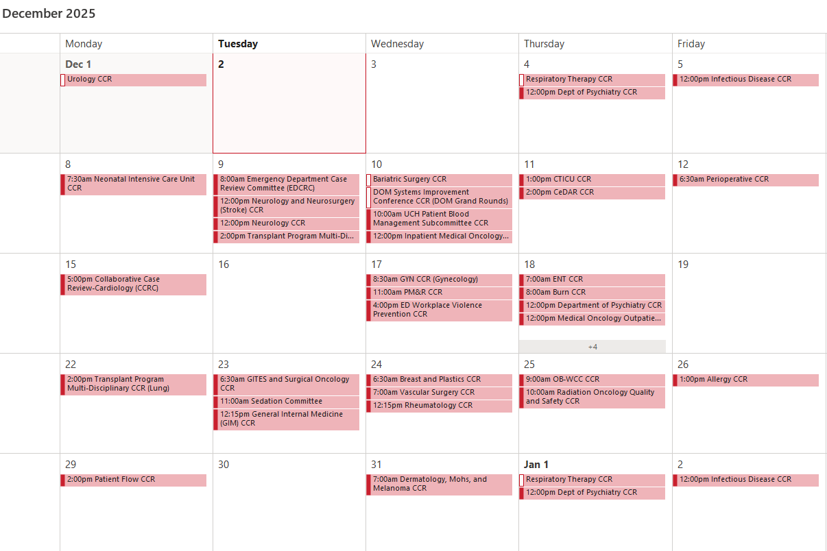 UCH CCR Schedule this month