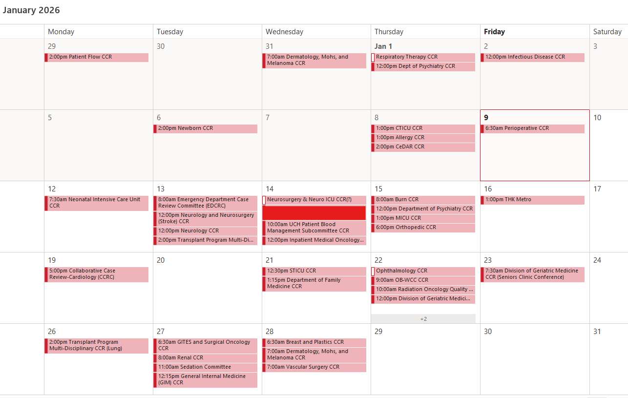 UCH CCR Schedule this month