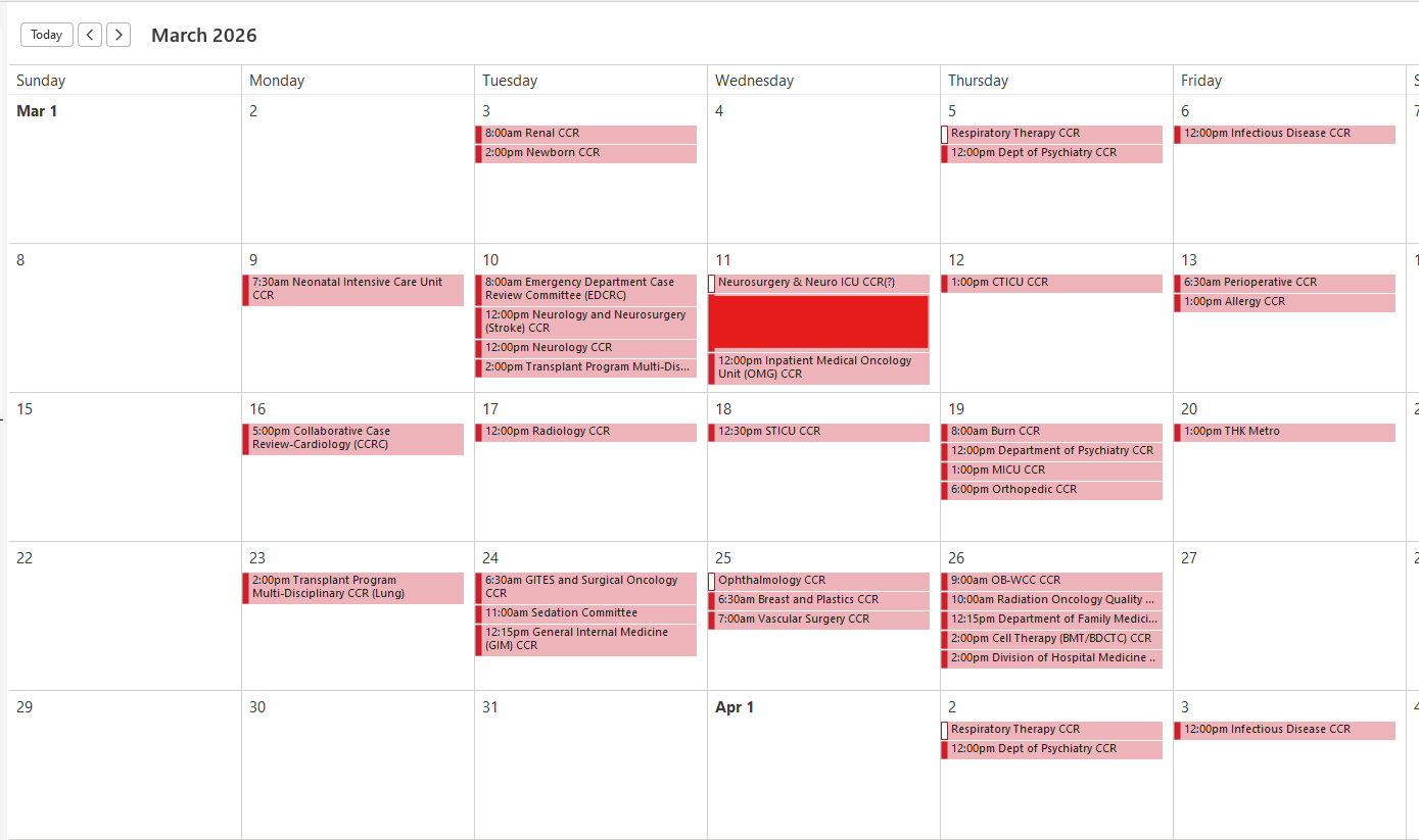 UCH CCR Schedule this month