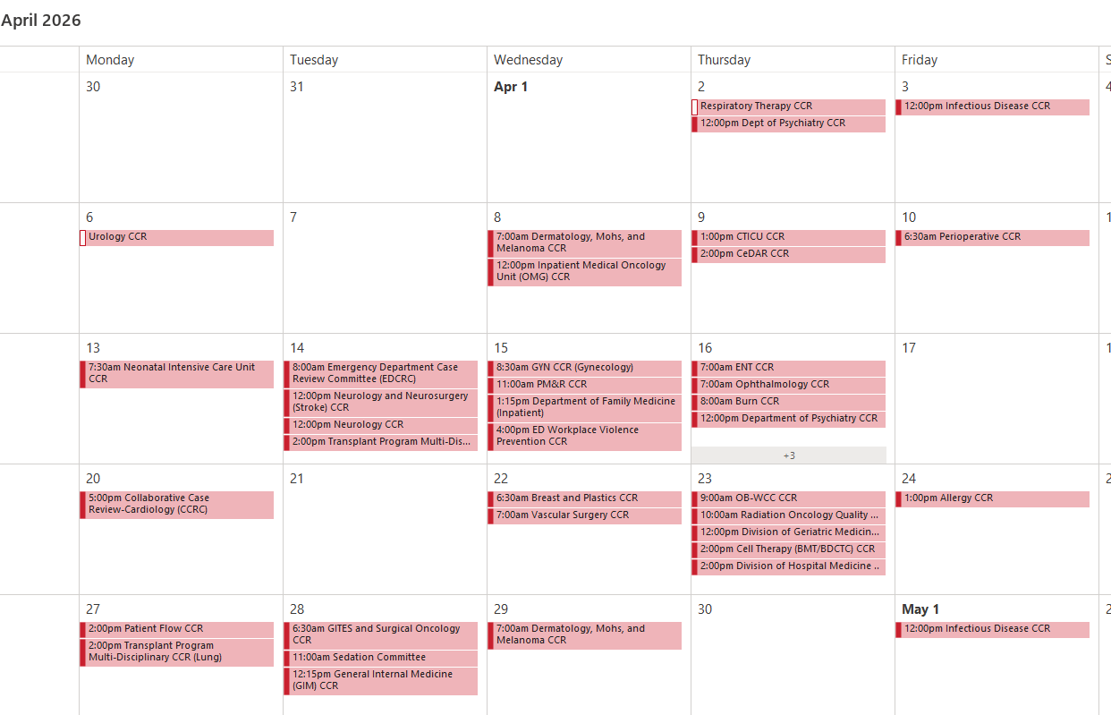 UCH CCR Schedule this month