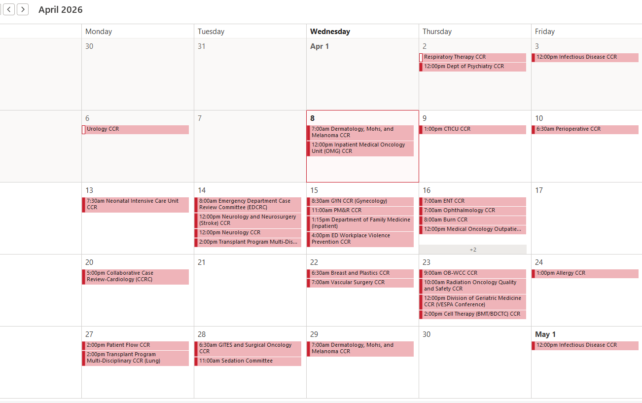 UCH CCR Schedule this month