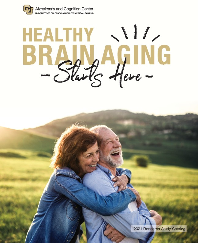 Research Catalog Cover with happy older adult couple embracing under the words Healthy Brain Aging Starts Here