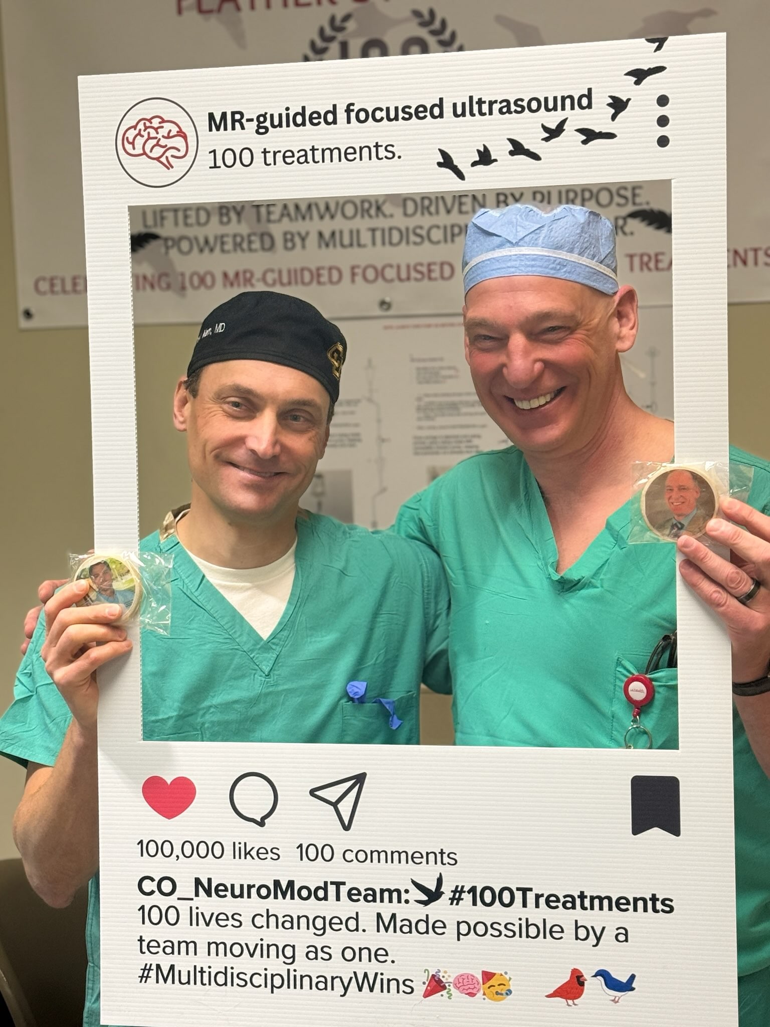 Dr. Kern and Dr. Ojemann, co-directors of the Advanced Therapies for Movement Disorders celebrate the 100th HIFU case in February 2026.