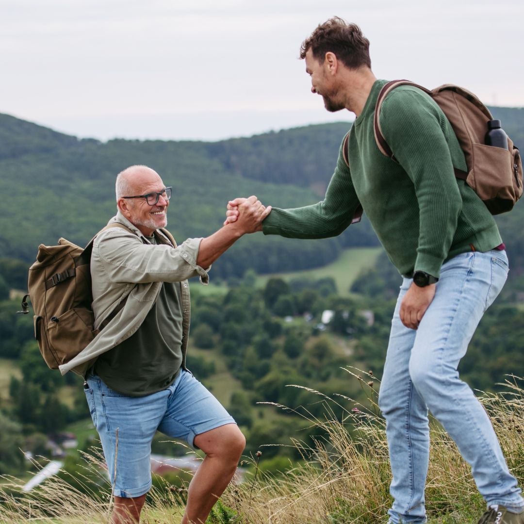An older adult hiking.