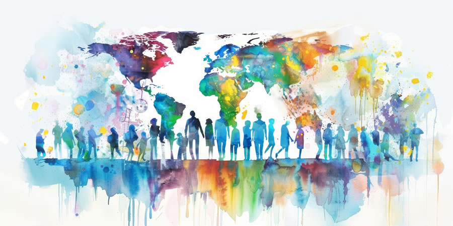 Watercolor image of human figures and a map of the world