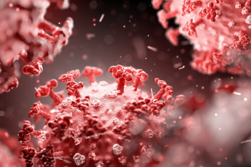 Red virus particles representing SARS-CoV-2