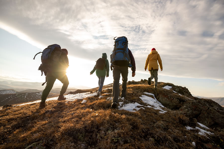 Group of hikers cresting a mossy hill in the mountains