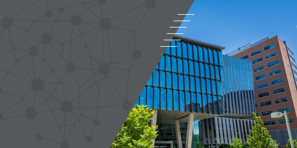 image of CU Anschutz Health Sciences building on right side, home of the Center for Health AI. Left side is covered diagonally with a gray overlay that has a graphic of a neural network