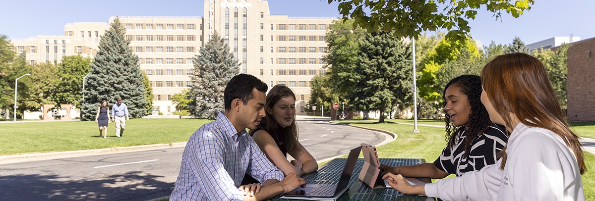 studentsandfacultyatpicnicbenchwithFitzsimonsBuildinginbackground