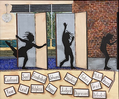 BreakingThroughbyAudreyJacksonSilhouettesrunningthroughdoorsThoughtbubblesunderneath