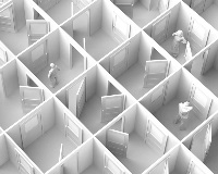 Abstract image of people in various rooms seen from above