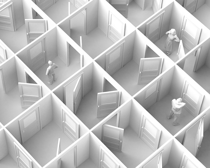 Abstractimageofpeopleinvariousroomsseenfromabove