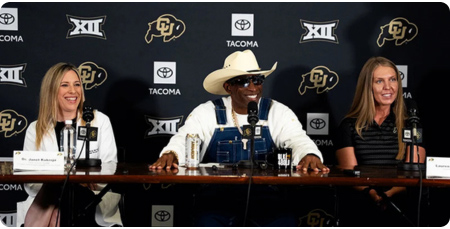 Janet Kukreja, MD; Coach Prime; and Lauren Askevold at news conference