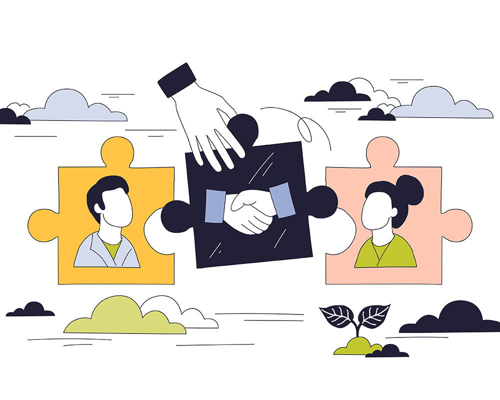Graphicoftwopeopleinpuzzlepiecesconnectingpieceshowshandshake