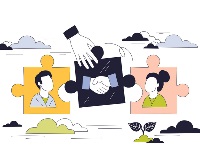 Graphic of two people in puzzle pieces, connecting piece shows handshake