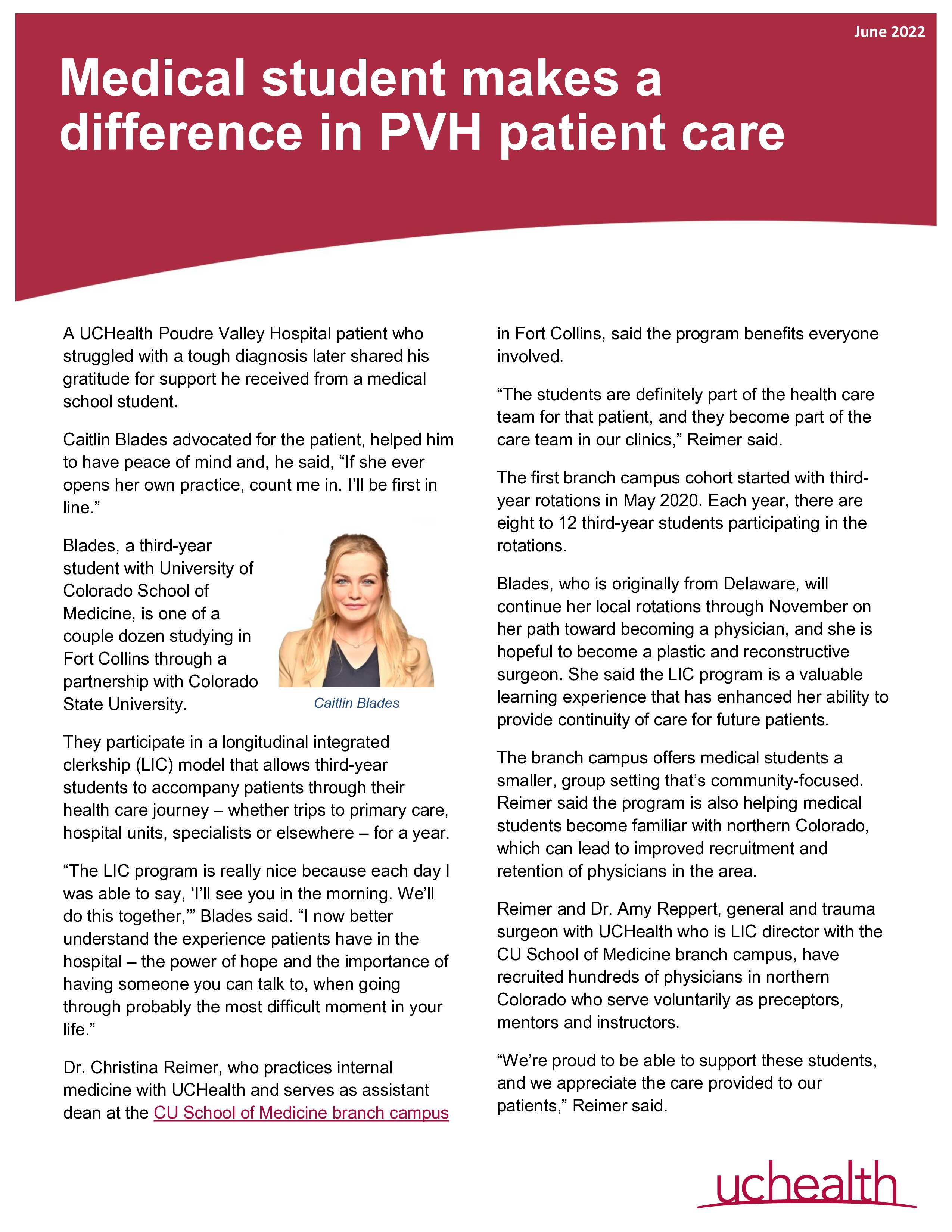 Medical student makes a difference in PVH patient care
