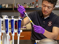 scientist in lab wearing gloves