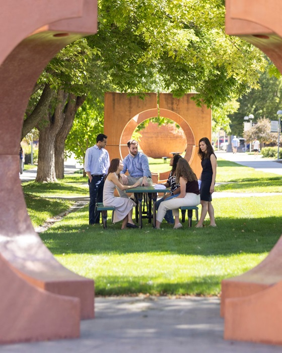 Groupofdoctorsgatheredforlunchatatableframedbyredstonesculpturesinthegrass