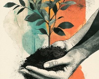 Cupped hands holding dirt and a plant