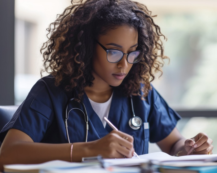 Womanholdingpencilandlookingatbooks