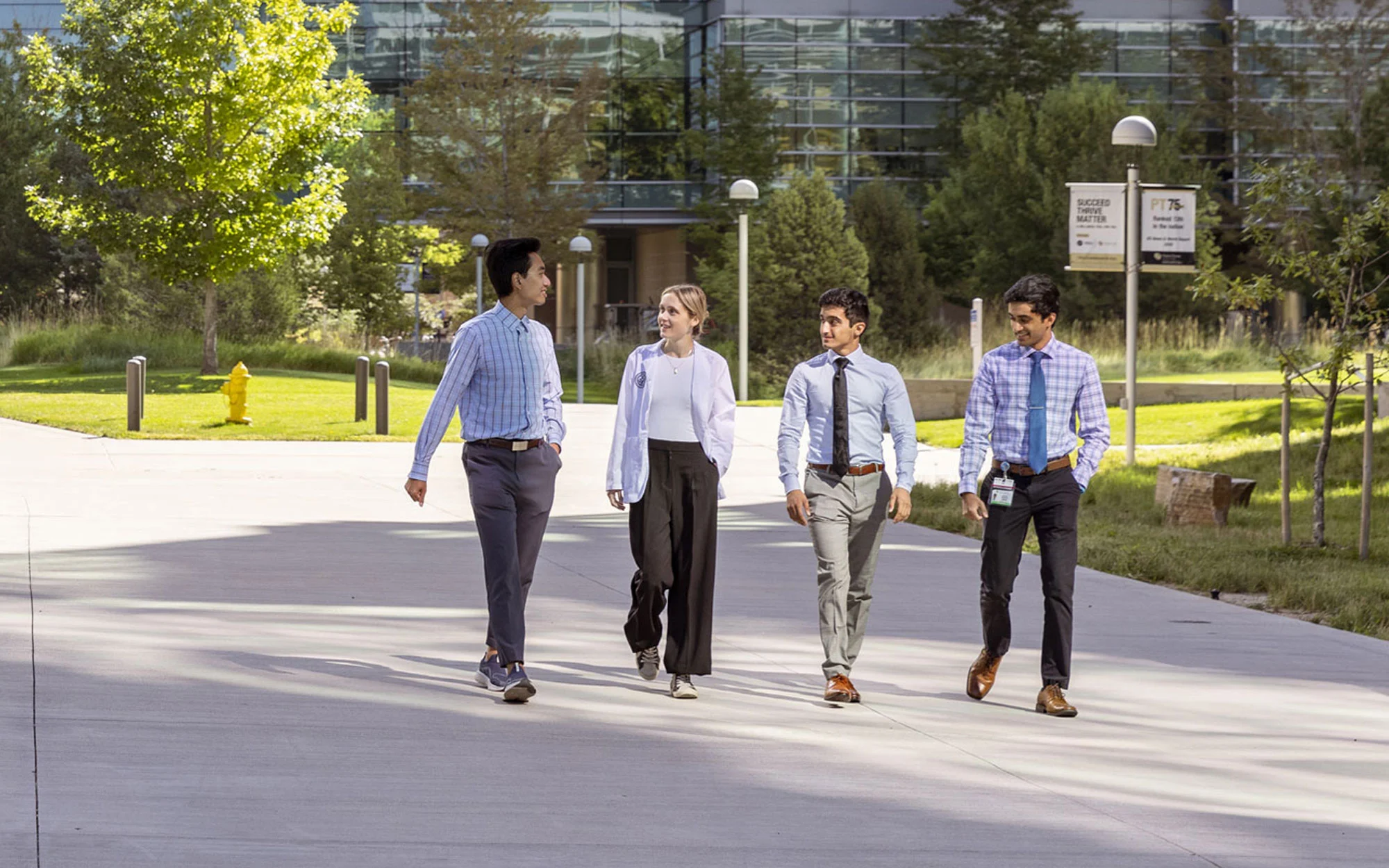 Medical students walking together on the CU Anschutz campus