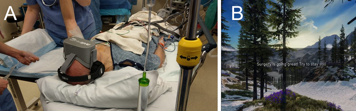 Patient on operating table next to photo of trees in winter