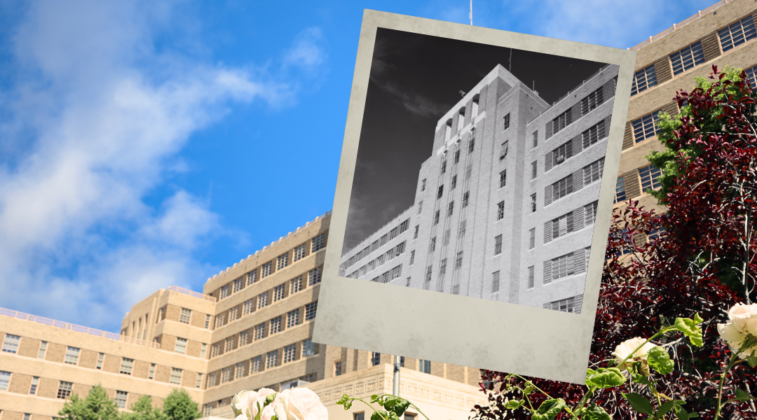 Fitzsimmonsbuildingcurrentwithoverlayoforiginalbuildinginblackandwhite