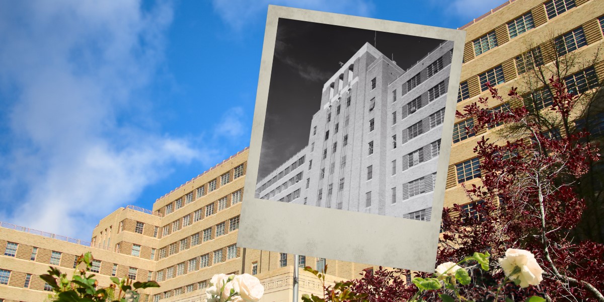 FitzsimonsBuildingwitholderimageofbuildinginblackandwhite