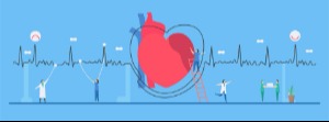 Cartooned clinical professionals with giant heart