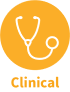TSBM icon for clinical, showing a stethoscope inside a yellow circle, labeled Clinical at the bottom in yellow.