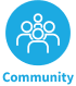 TSBM icon for community, showing four human figures in a blue circle above the word community in blue.