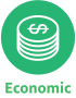 TSBM icon for economic, showing stacked coins with a dollar sign in a green circle, labeled Economic in green text below