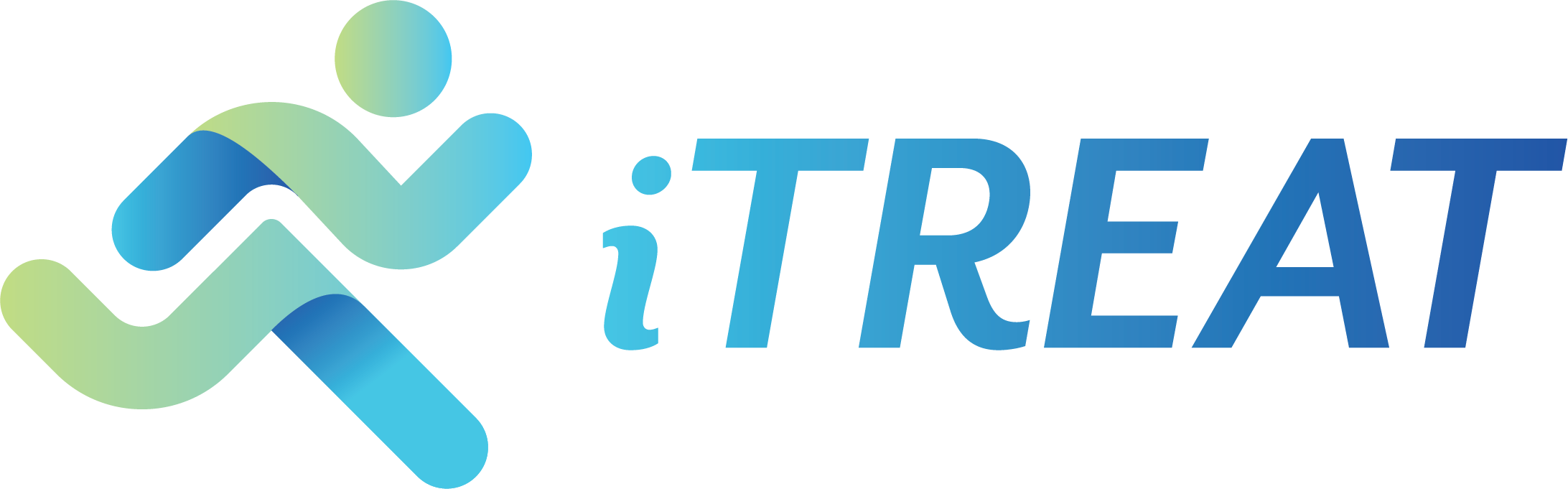 Logo of iTREAT featuring a stylized figure in motion, blending green and blue colors with modern typography.