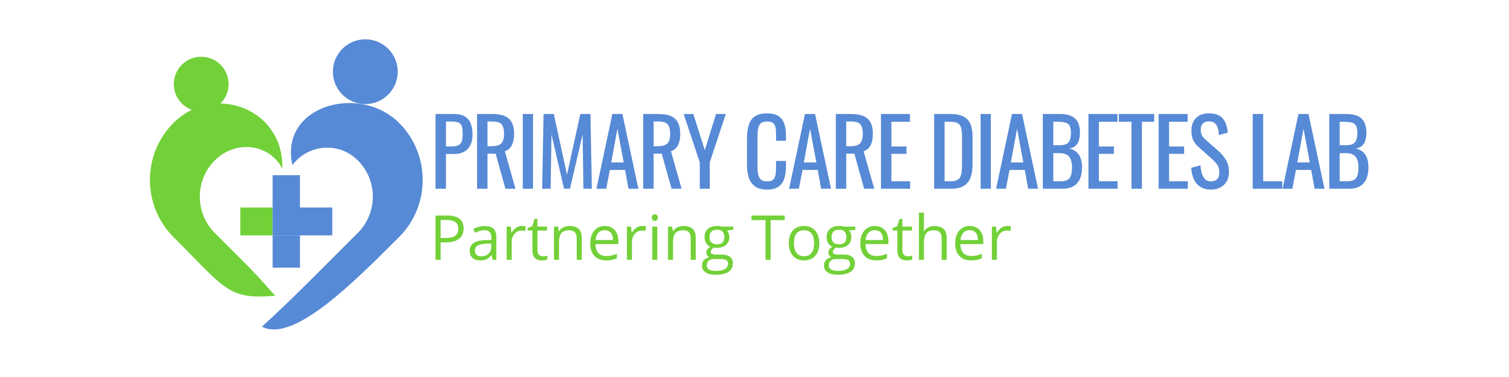 Logo of Primary Care Diabetes Lab featuring stylized figures and a cross, with the tagline 