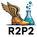 R2P2 logo featuring a winged boot and a bubbling laboratory flask shown above the text 