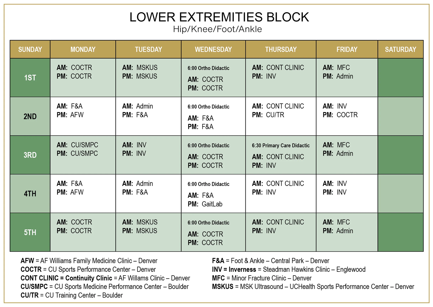 SM Block Schedule Lower Extremities